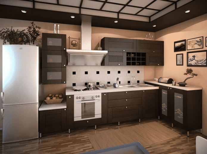 освещение и декор в интерьере кухни в японской стилистике