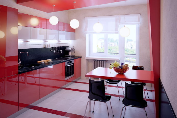 шторы в интерьере кухни в красных тонах