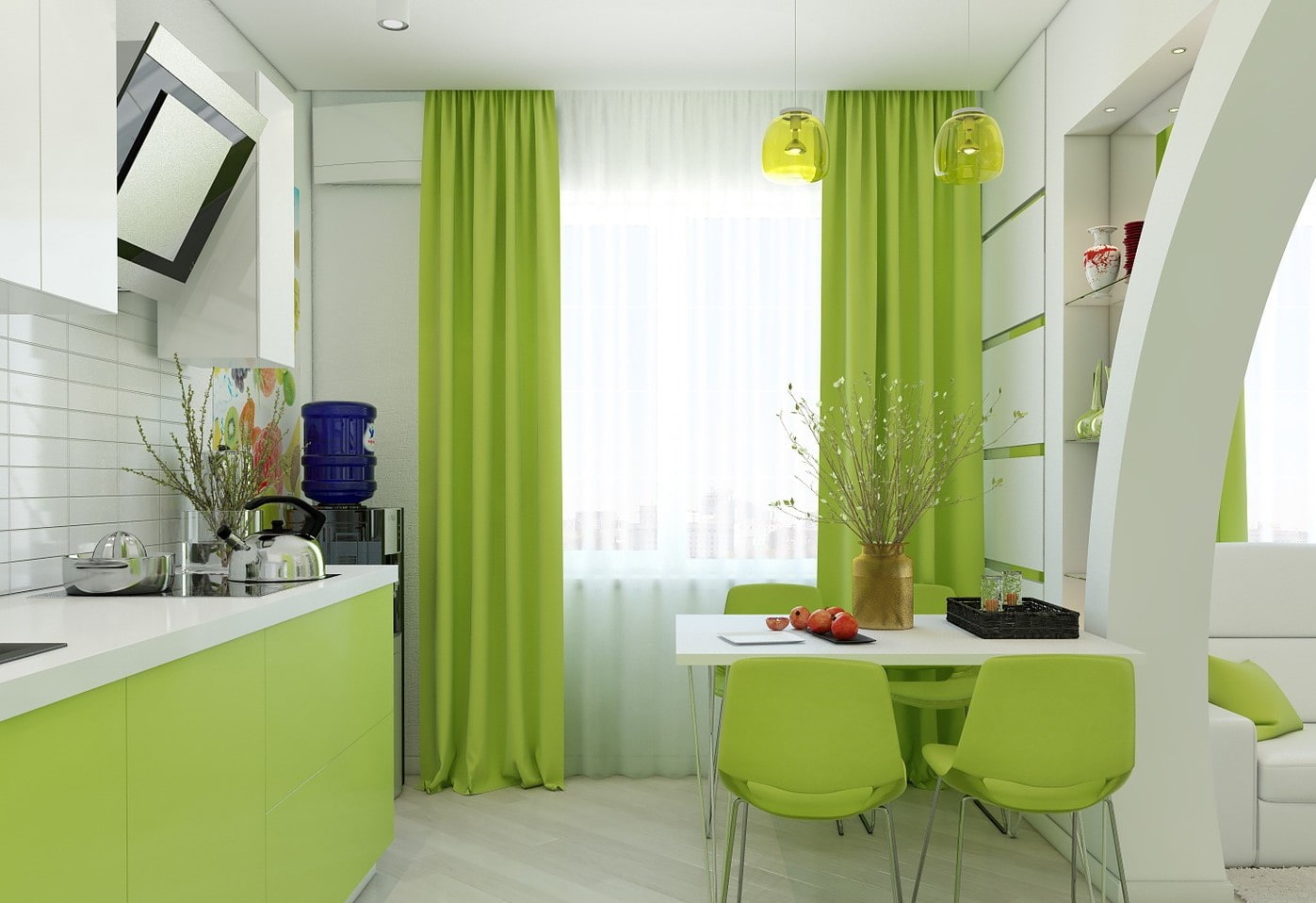 Какой цвет штор на кухню. Кухня в салатово белых тонах. Кухня в зеленых тонах. Кухня зеленого цвета. Шторы зеленые.