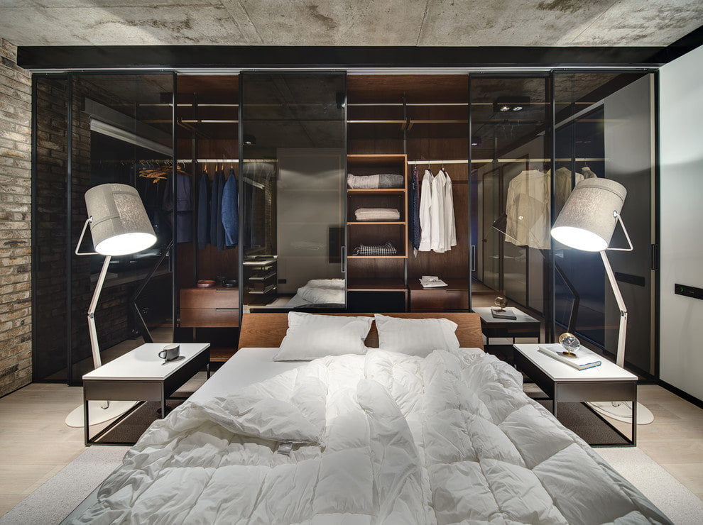 Спальня с гардеробной в стиле лофт