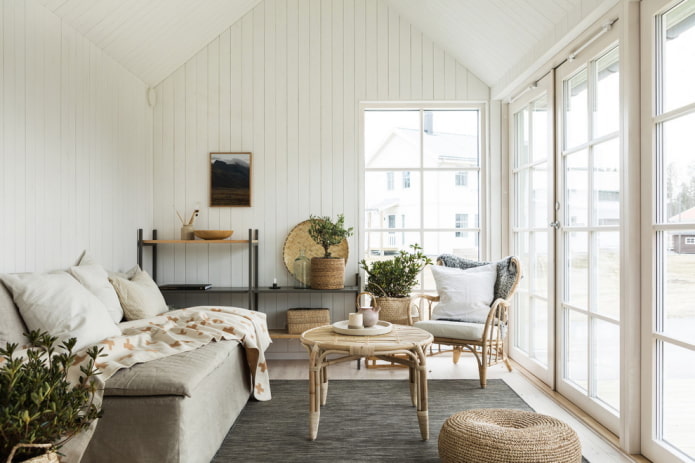гостиная в нордическом стиле в интерьере дома