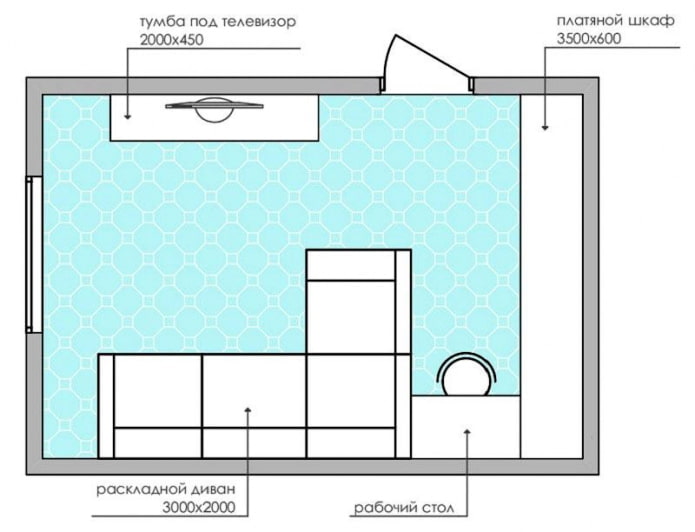 схема планировки малогабаритной гостиной с угловым диваном