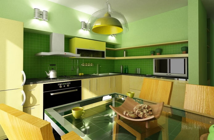 интерьер кухни в желто-зеленых тонах