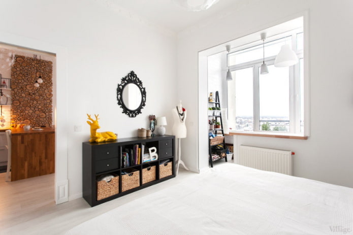 спальная комната с балконом в скандинавском стиле стиле