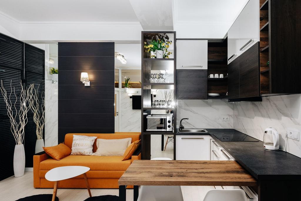 Кухня 15 кв м дизайн с диваном и телевизором