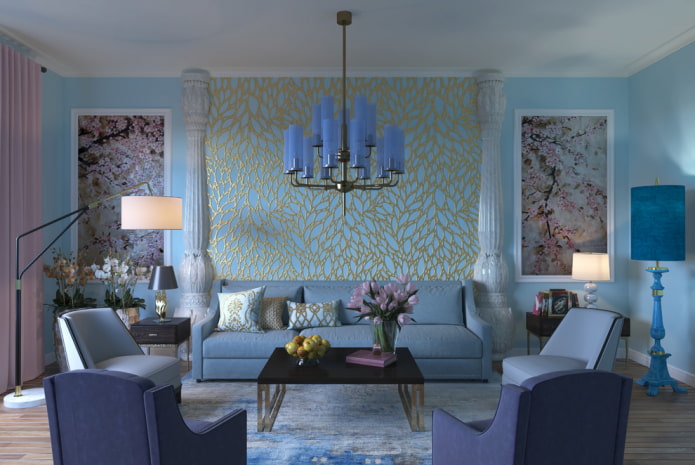декор и текстиль в интерьере голубой гостиной