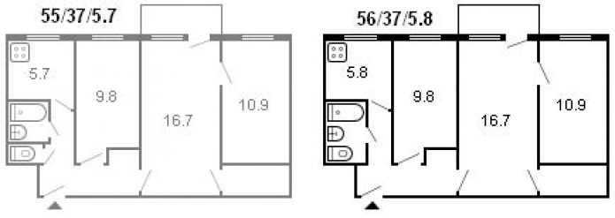планировка 3-комнатной хрущевки серии 434 1964 г.