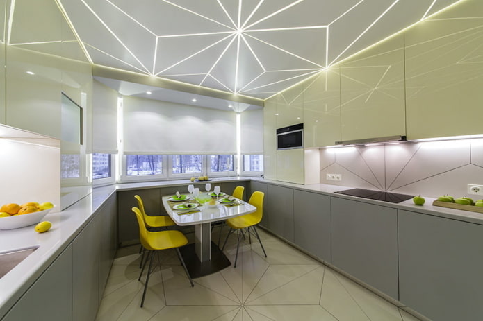 натяжной потолок с подсветкой в интерьере кухни
