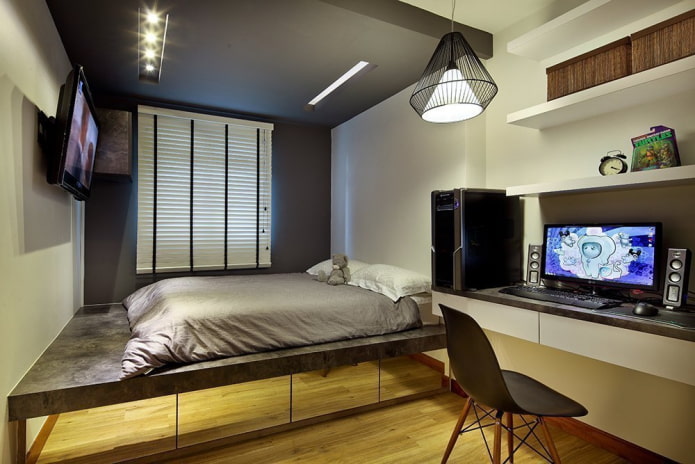 дизайн кровати на подиуме в интерьере