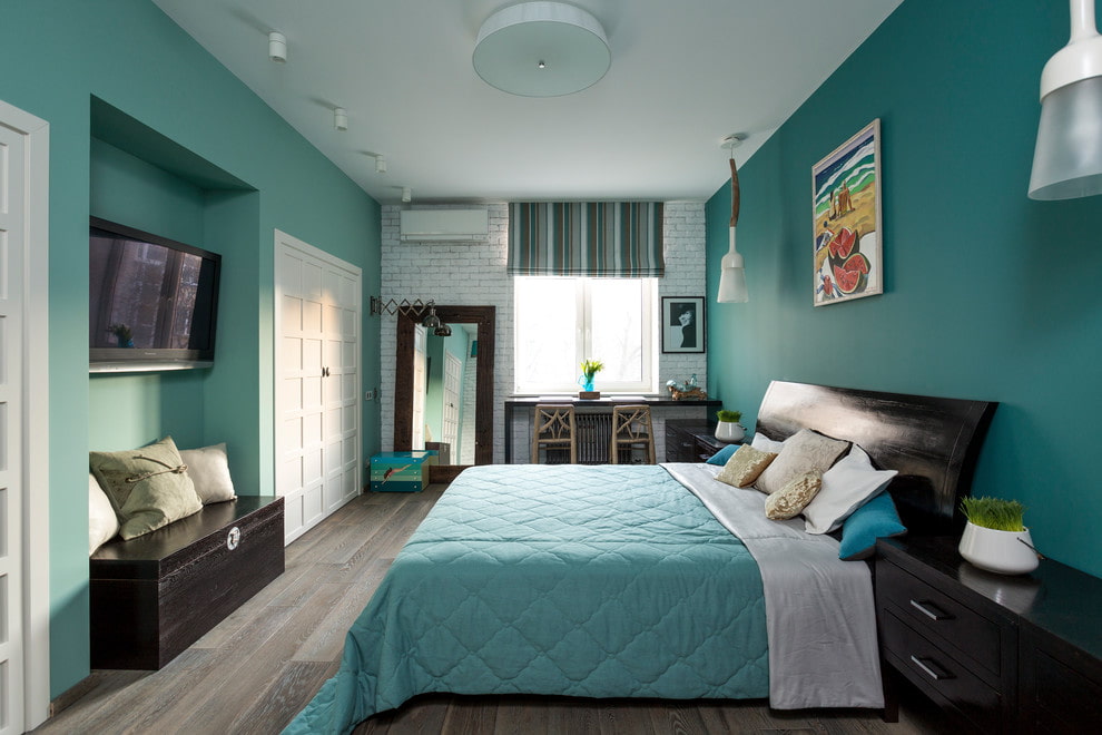 Дизайн спальной комнаты в бирюзовых тонах