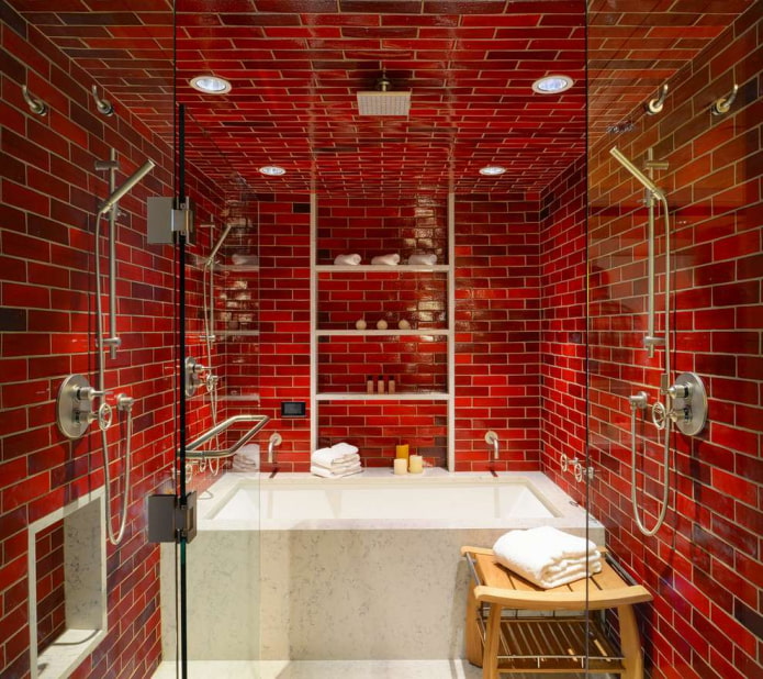 красные стены в ванной комнате