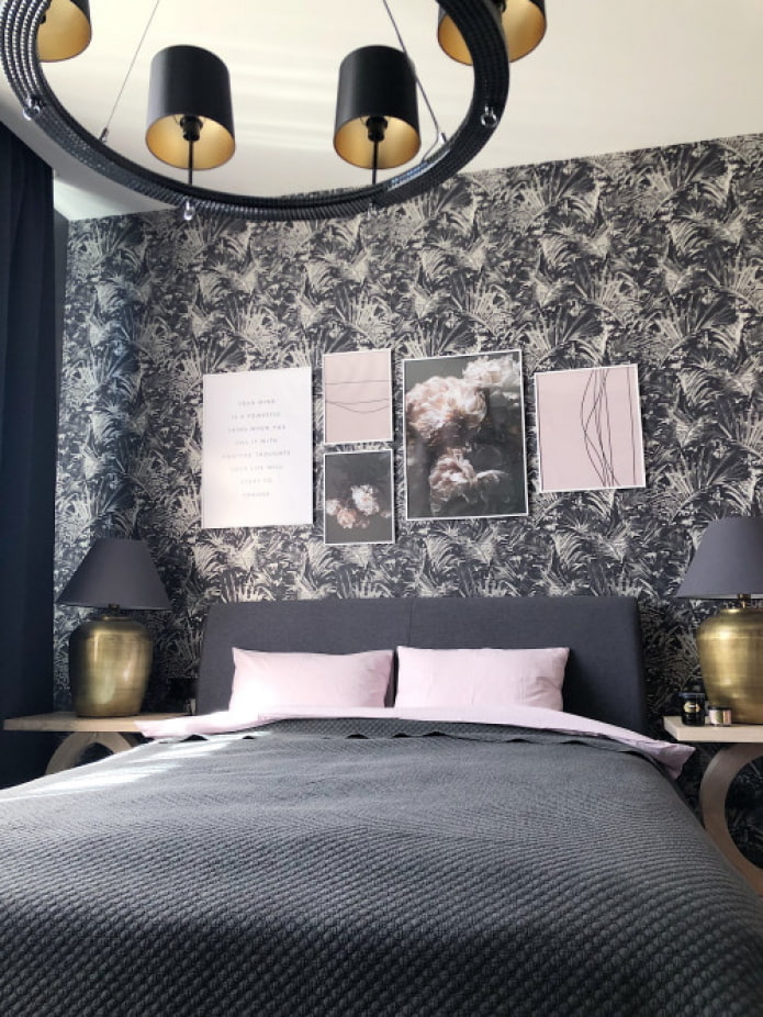 стильная серо-розовая спальня