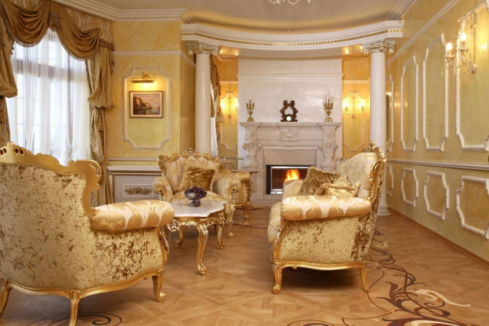 гостиная в стиле барокко в золотисто-желтых тонах