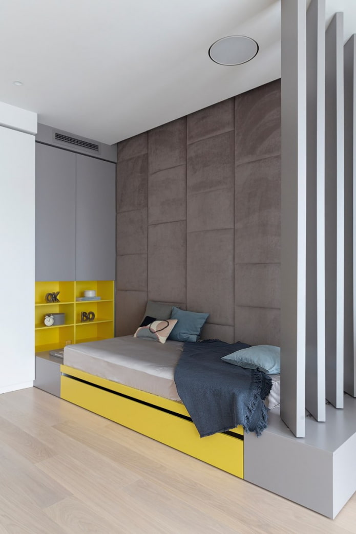 спальня в стиле минимализм с желтыми деталями