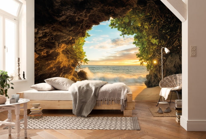 фотообои с морским пейзажем в спальне