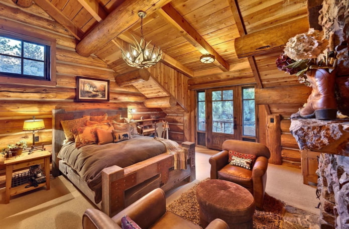 необработанный деревянный интерьер спальни