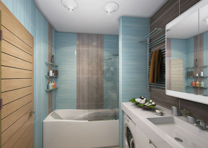 голубой, бежевый и серо-коричневый цвет в отделке ванной