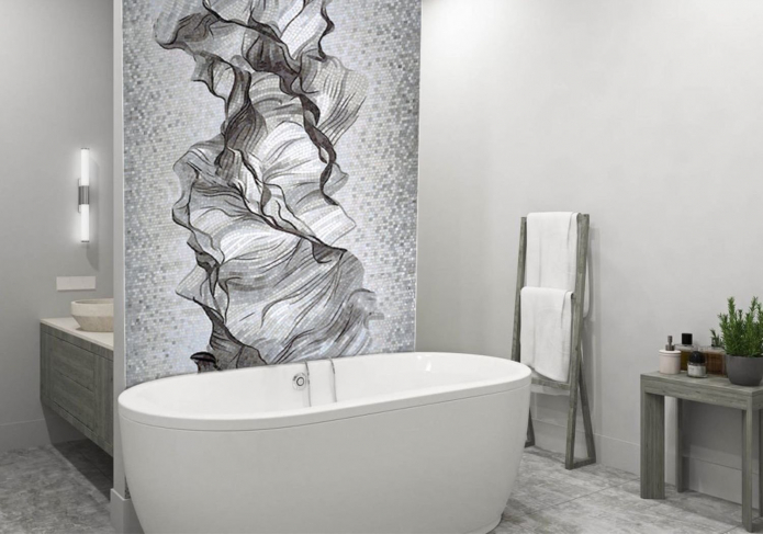 мозаичное панно в черно-белой ванной