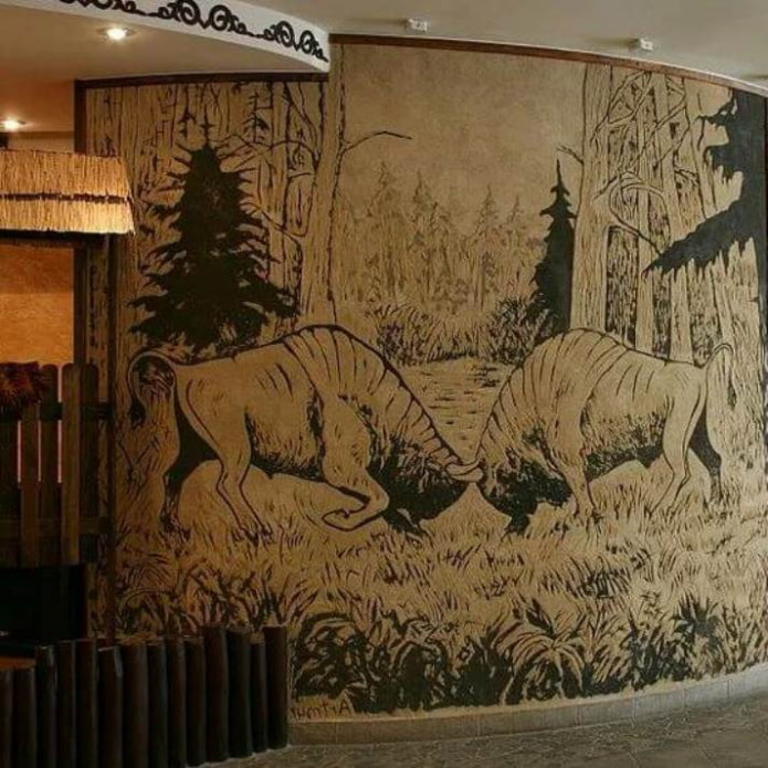 сграффито бизоны в лесу в интерьере гостиной