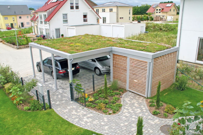 стоянка для авто с хозблоком и садом на крыше