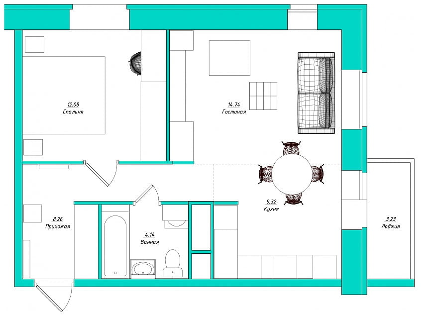 Дизайн-проекты двухкомнатных квартир в стиле современная классика площадью 48 кв.м.