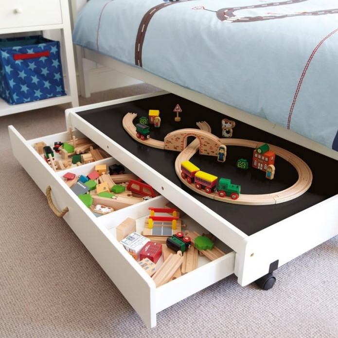 выдвижные ящики в кровати для хранения игрушек в детской комнате