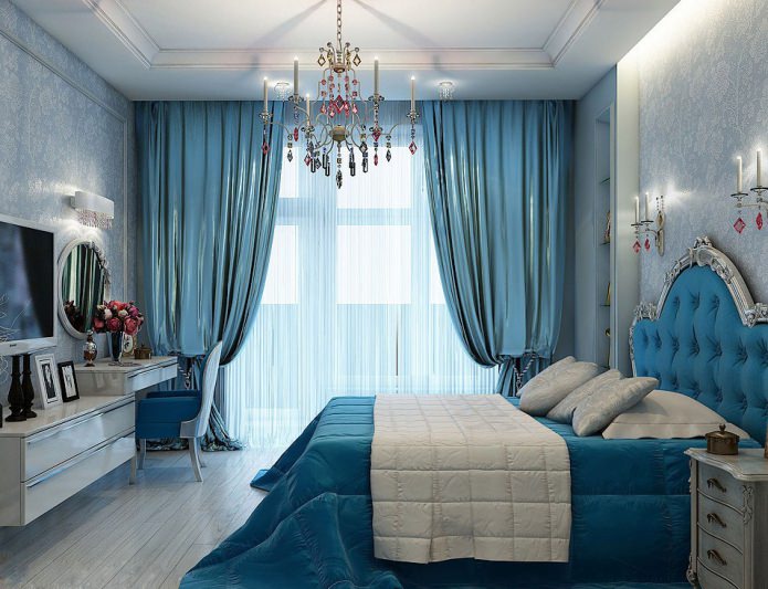 интерьер синей спальни