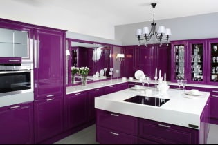 Фиолетовый гарнитур на кухне: дизайн, сочетания, выбор стиля, обоев и штор