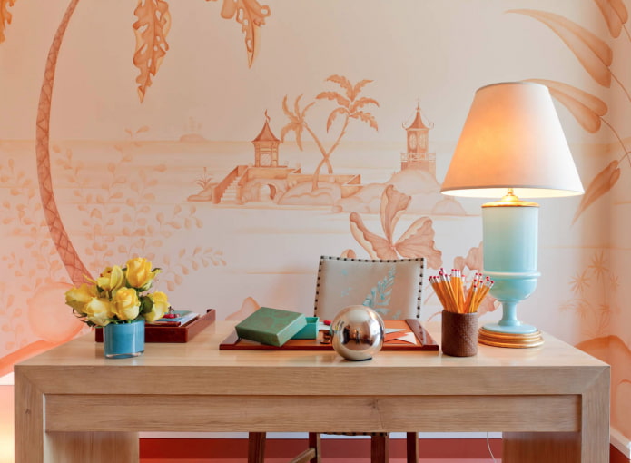 Обои персикового цвета: виды, идеи дизайна, сочетание с шторами и мебелью