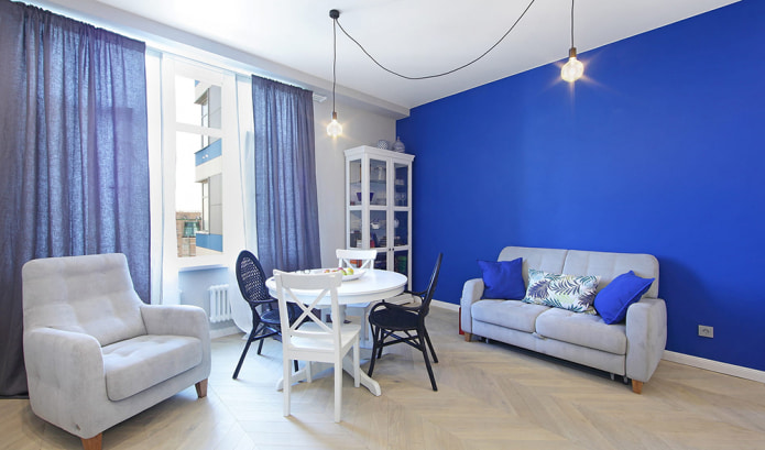 Интерьер в синих тонах: сочетание, выбор стиля, отделки, мебели, штор и декора