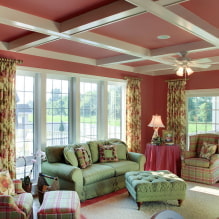 Розовый потолок: виды (натяжной, гипсокартонный и др.), оттенки, сочетания, освещение-4